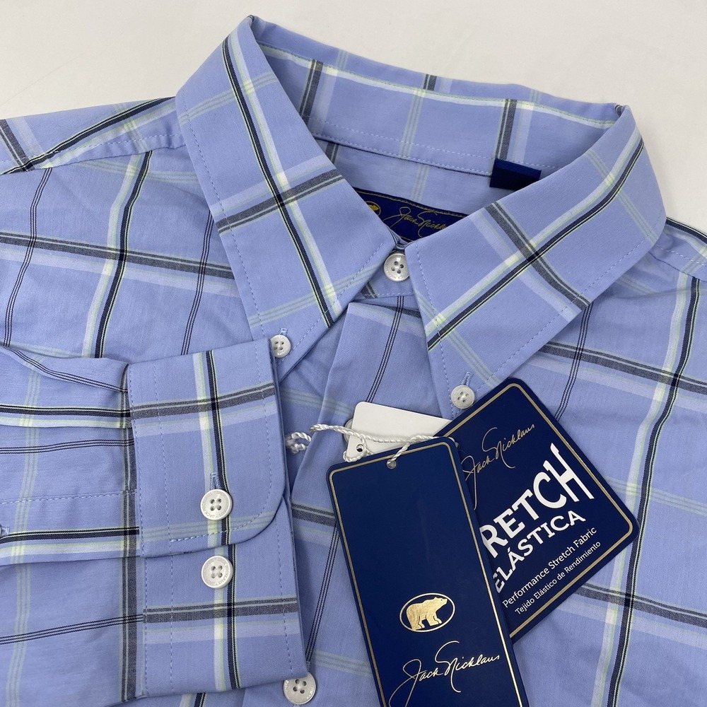Jack Nicklaus Button Down Shirt Men L Blue Plaid Performance Stretch Long Sleeve